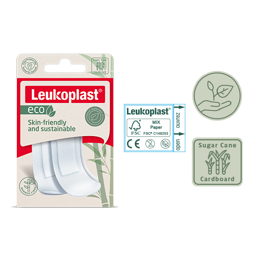 Image montrant un emballage Leukoplast eco et expliquant ses principales caractéristiques durables. Image montrant un emballage Leukoplast eco et expliquant ses principales caractéristiques durables.